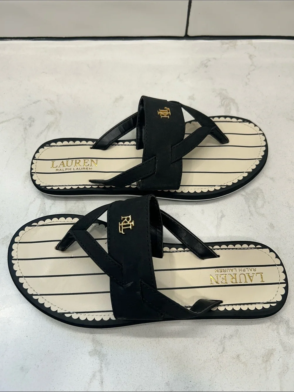 Lauren Ralph Lauren Rosalind Flip Flops Black and Cream Logo Thong Sandals 7